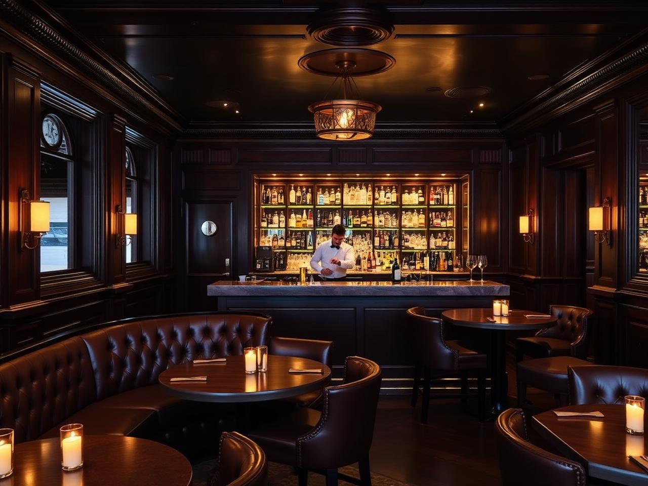 Monkey Circus Velden refined upscale cocktail bar interior with dark wood paneling, leather banquettes, marble bar counter, dim warm pendant lighting and a white-jacketed bartender