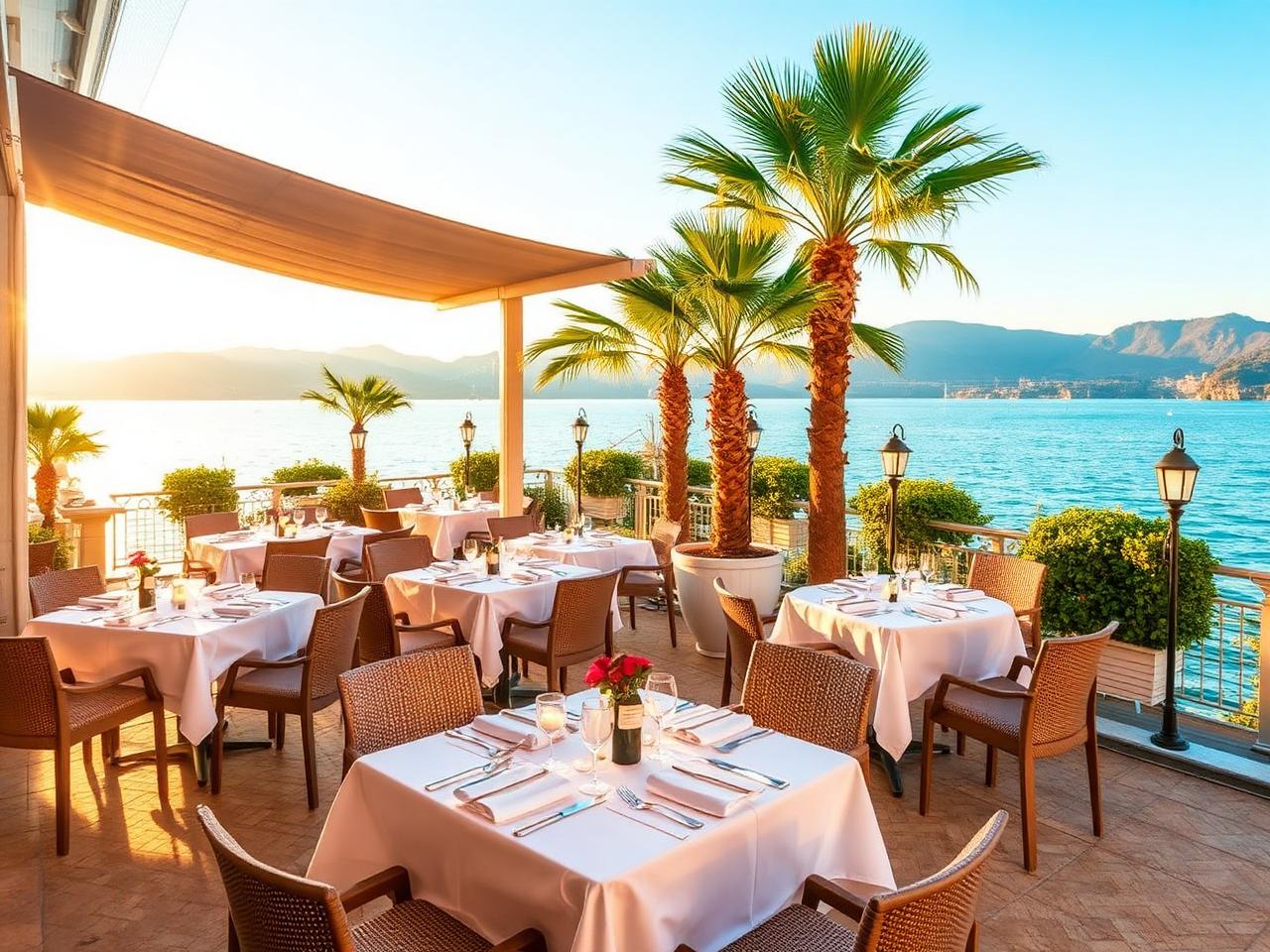 Seerestaurant Portofino Velden refined Italian Mediterranean lakeside restaurant interior with terrace overlooking the turquoise Wörthersee at golden hour, white tablecloths and palm trees