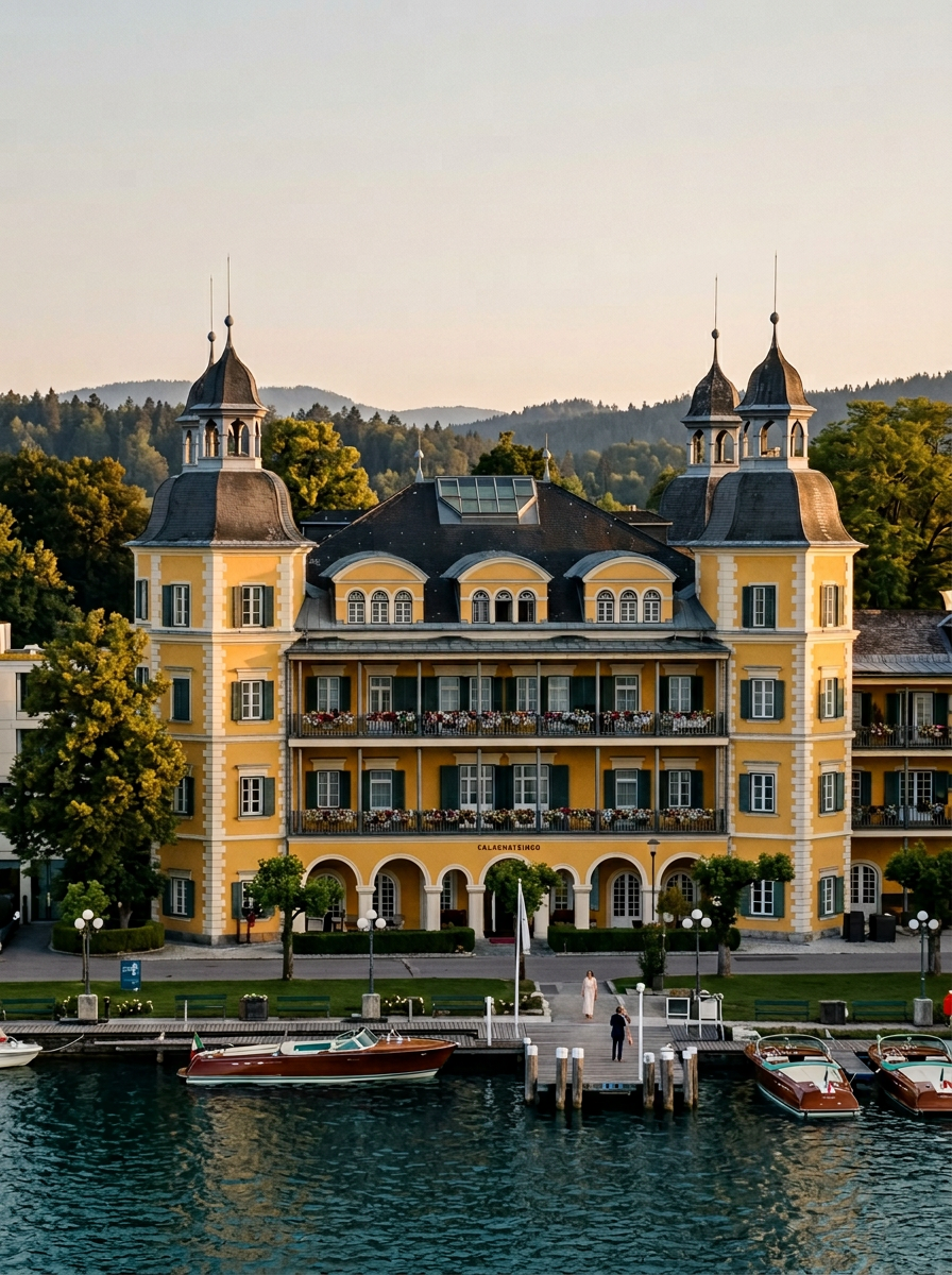 Falkensteiner Schlosshotel Velden refined grand luxury pink castle hotel facade at golden hour with white turrets and ornate baroque facade details