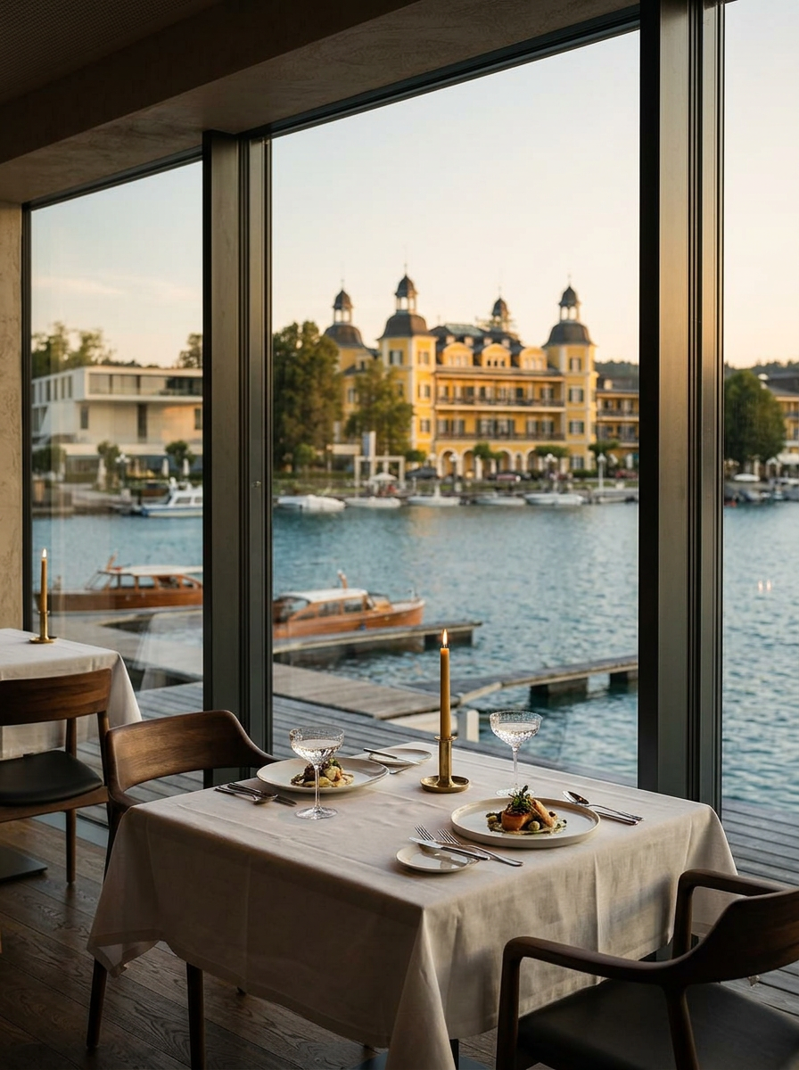 Seespitz Restaurant Living Velden refined fine dining lakeside restaurant interior with floor-to-ceiling windows opening to panoramic views of the turquoise Wörthersee at golden hour and white tablecloths