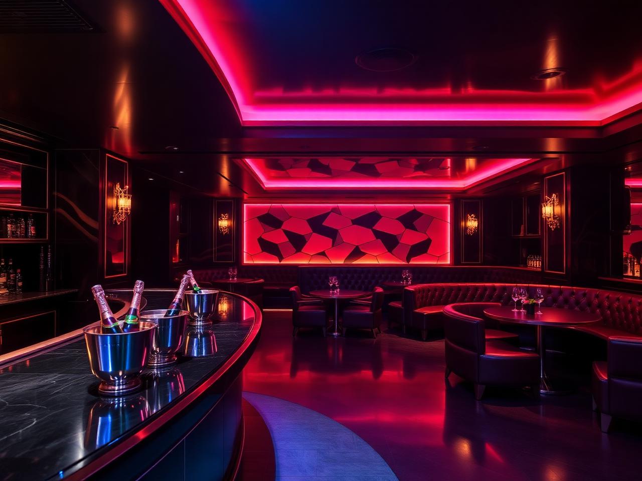 Vaibz Velden refined upscale lakeside late night club interior with dramatic warm amber and pink LED lighting, dark surfaces, leather banquettes, polished bar with champagne buckets and a dance floor