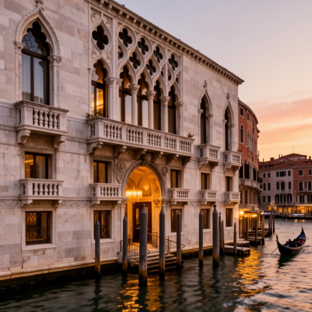 Aman Venice luxury hotel exterior at dusk on the Grand Canal with a 16th century classical pale stone palazzo facade, gothic arched windows and a water entrance with mooring poles