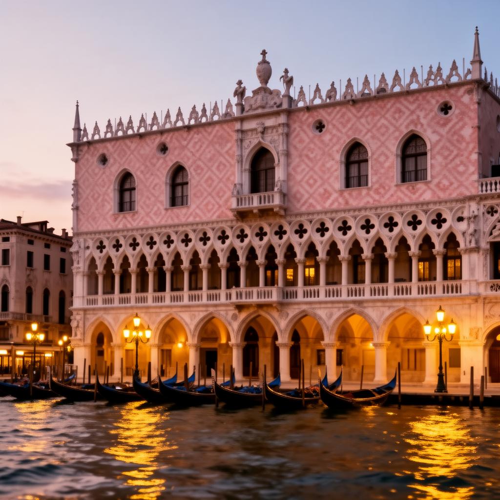 Hotel Danieli Venice legendary luxury hotel exterior at dusk on the Riva degli Schiavoni with grand 14th century gothic Venetian palazzo facade in pink Verona marble, pointed arch windows, ornate stone tracery, the lagoon in front and gondolas moored under warm Venetian lamplight