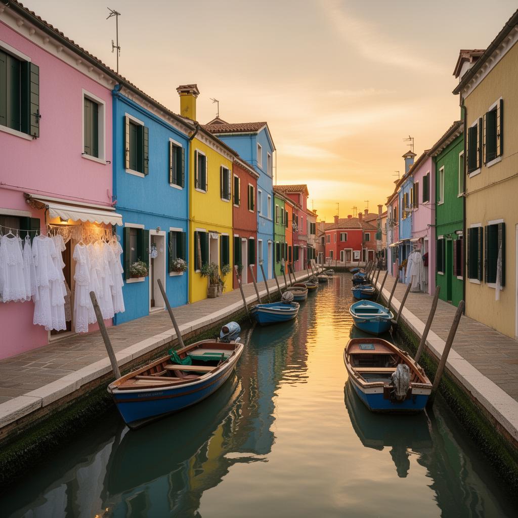 Island of Burano in the Venetian lagoon at golden hour with brightly painted small fishermens houses in pastel pinks, blues, yellows and greens along a narrow canal, small wooden fishing boats moored and a lace shop with white linens