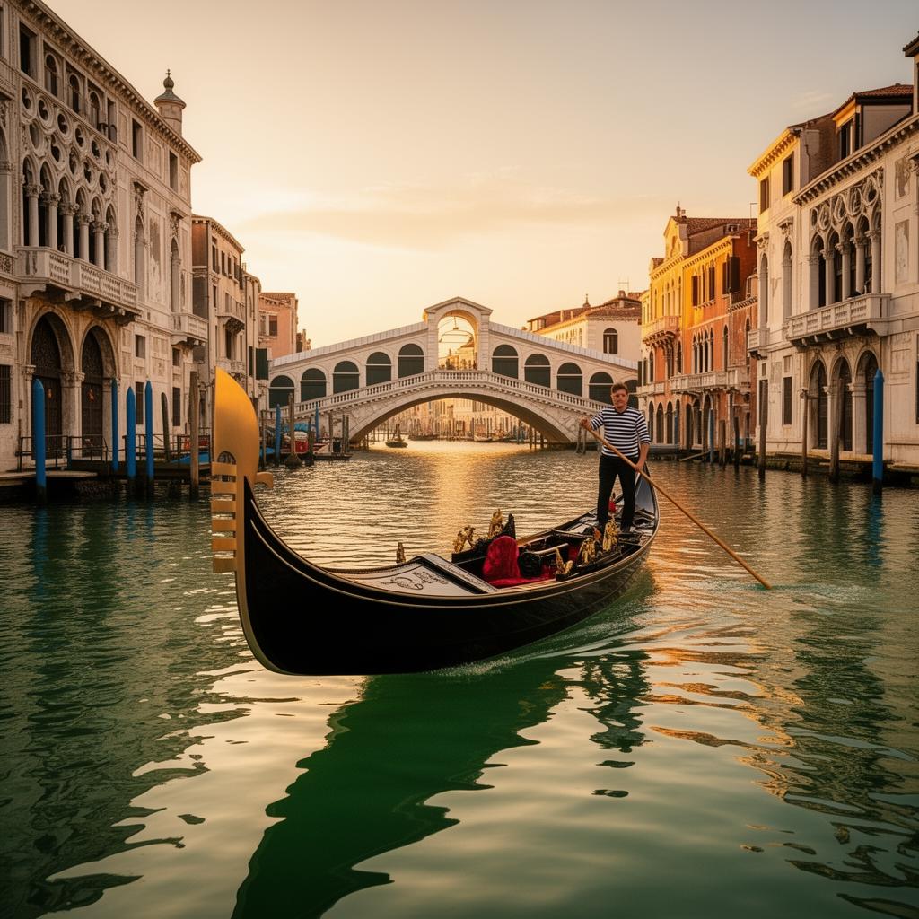 A black lacquered Venetian gondola on the Grand Canal at golden hour with a gondolier in striped shirt, ornate palazzi reflected in the still green water and the Rialto bridge in the soft warm distance