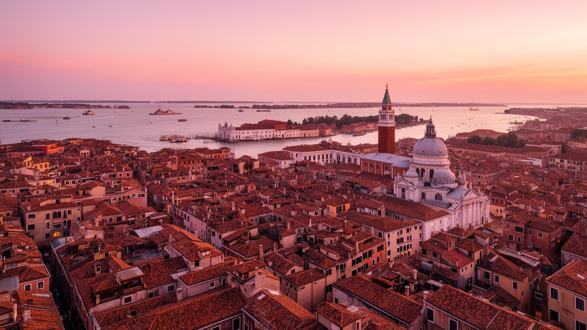 Aerial panorama of Venice at first light from above looking over the rooftops of the historic centre toward the Grand Canal and the dome of Santa Maria della Salute with terracotta roofs and the Campanile of San Marco rising in the distance over the lagoon