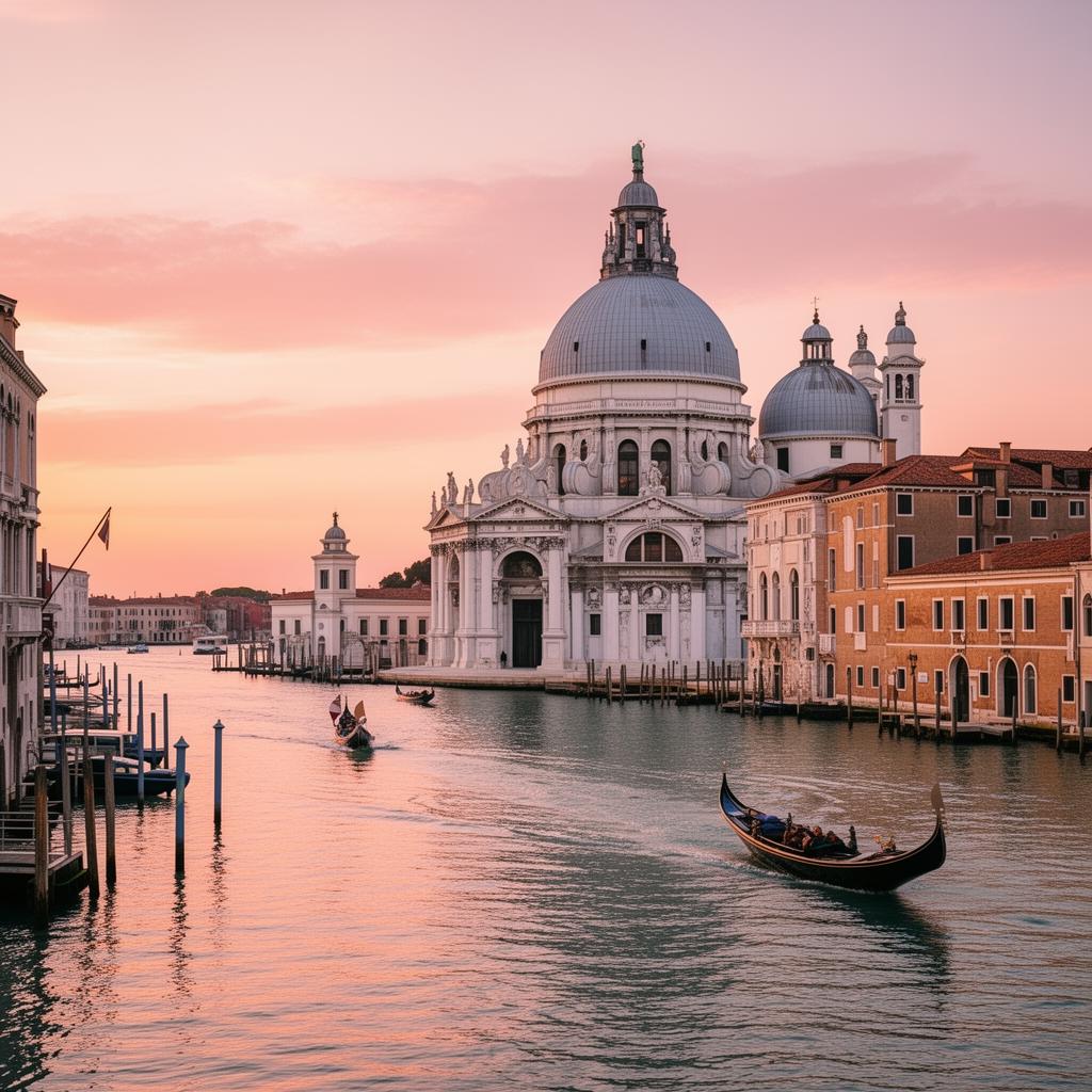 The Punta della Dogana in Venice at golden hour with the basilica of Santa Maria della Salute and its great white baroque dome rising over the entrance to the Grand Canal, gondolas crossing the still water and soft pink and gold light reflecting on the lagoon