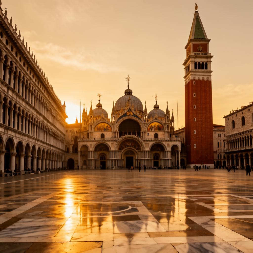 Piazza San Marco Venice at golden hour with the byzantine basilica with its domes and arches, the Campanile rising on the right, the long marble arcades of the Procuratie and the polished marble pavement catching the warm light