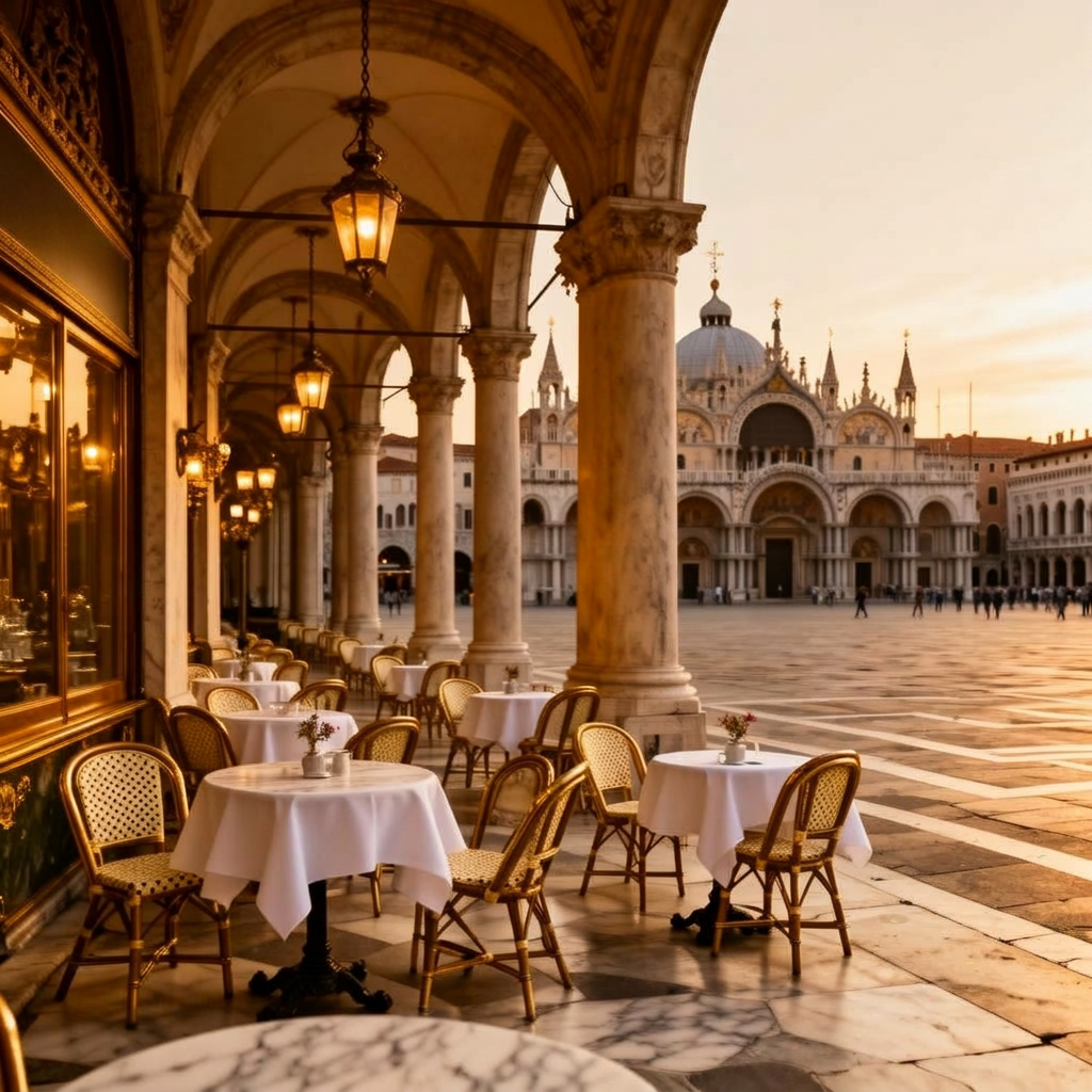 Caffè Florian on Piazza San Marco Venice at golden hour with small marble bistro tables and rattan bistro chairs under the marble arcade, lanterns, and the byzantine basilica visible across the marble paved square