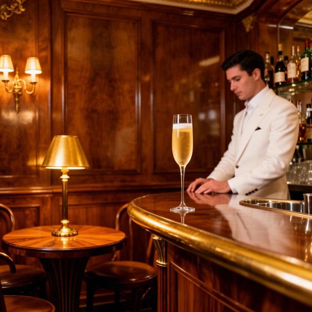 Refined legendary Venetian bar and dining room with warm wood panelling, small intimate art deco tables, low golden lamplight and a single Bellini cocktail in a tall slim crystal glass on the polished bar