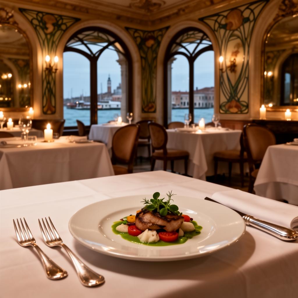 Refined fine dining restaurant interior at the Hotel Metropole Venice with white linen tablecloths, low candlelight, art nouveau details and tall arched windows opening to the lagoon and the dome of San Giorgio Maggiore at dusk