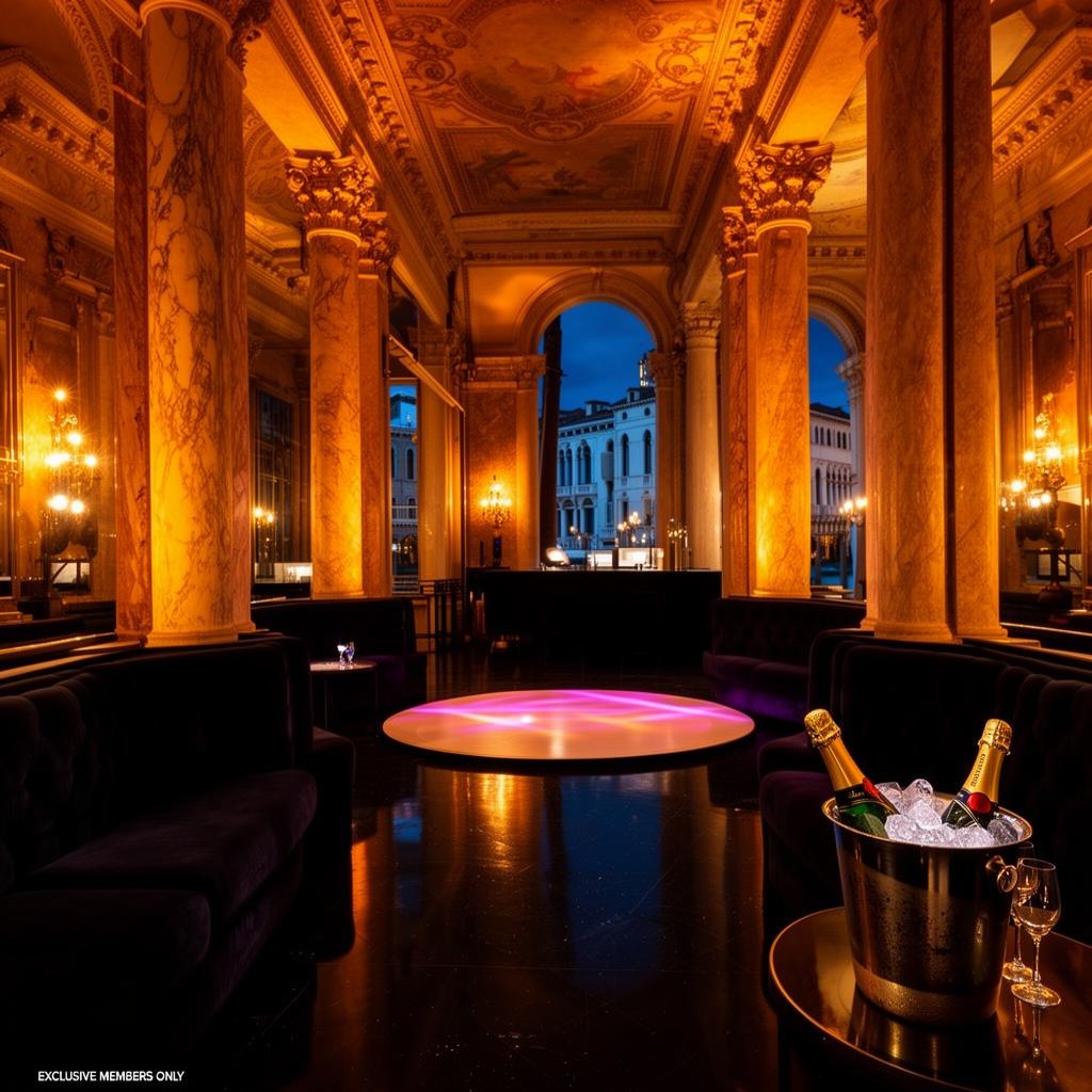 Refined exclusive members late nightclub lounge interior inside a Venetian palazzo with dramatic warm amber lighting, marble columns, dark velvet banquettes, polished black floor, an intimate dance floor and an ice bucket with champagne