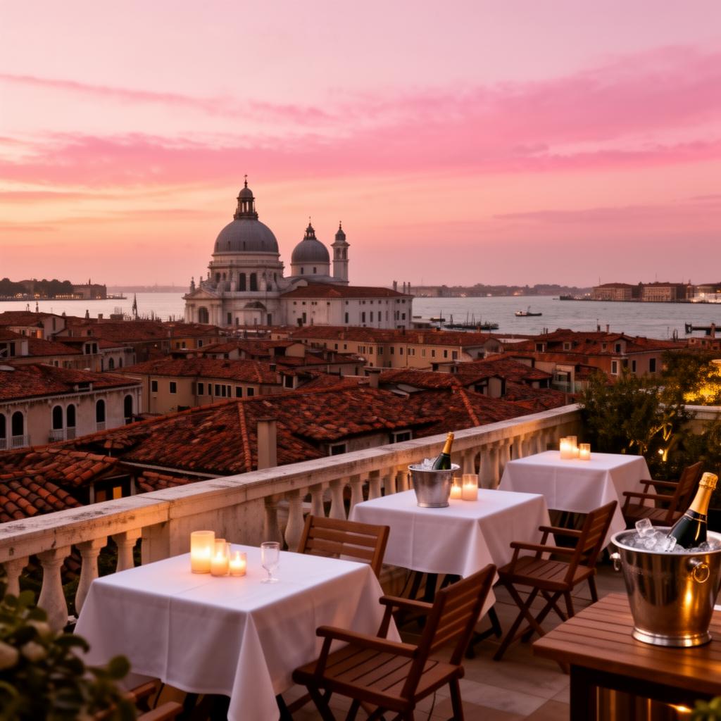 Refined rooftop bar terrace in Venice at sunset with views over the terracotta rooftops to the dome of Santa Maria della Salute and the lagoon, small wooden tables with white linen, candles and ice buckets with champagne under a pink and gold dusk sky