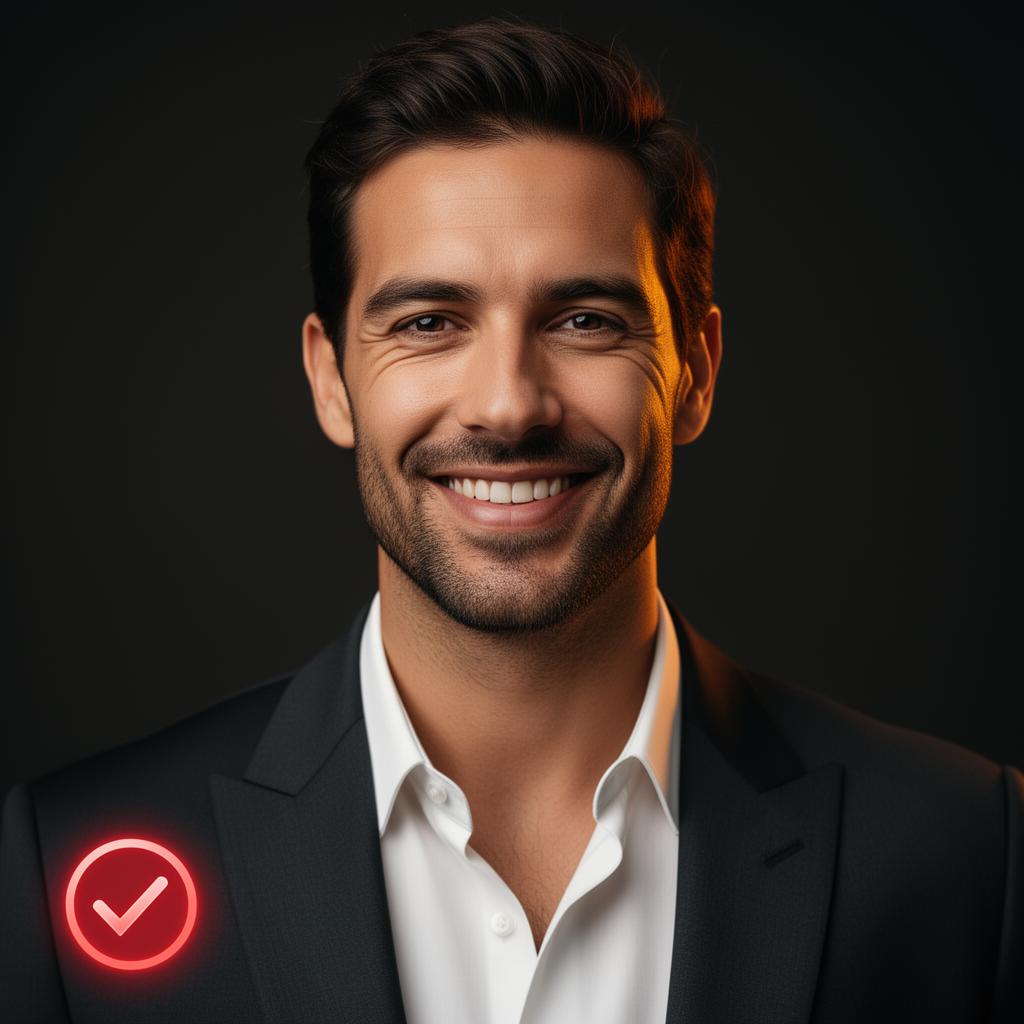 A verified, confident man with a warm smile — premium portrait with a glowing red verified badge
