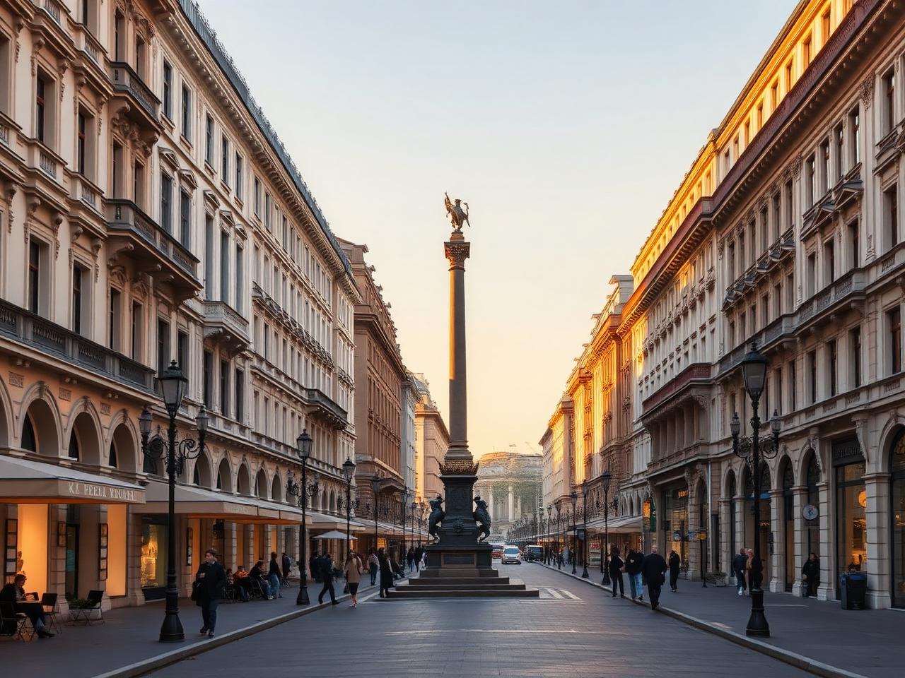 Historic Graben boulevard in Vienna Austria at golden hour with grand imperial baroque facades, the ornate Pestsäule plague column rising in the centre, refined cafés and boutiques