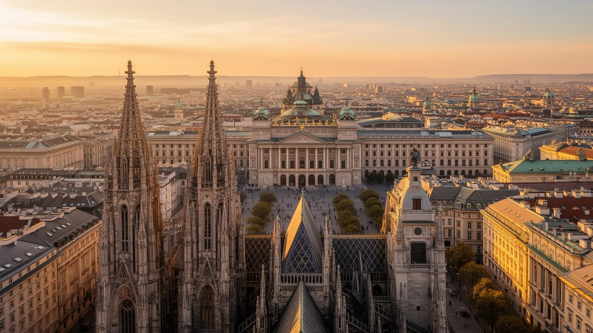 Panoramic morning view of Vienna Austria from above with St. Stephen's Cathedral in the foreground, the imperial baroque Hofburg palace, the historic Ringstrasse boulevard and the Vienna State Opera at golden hour