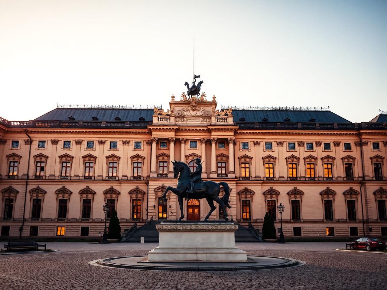 Hofburg imperial palace in Vienna Austria at golden hour with grand imperial baroque facade, the equestrian statue in the courtyard and ornate facade details