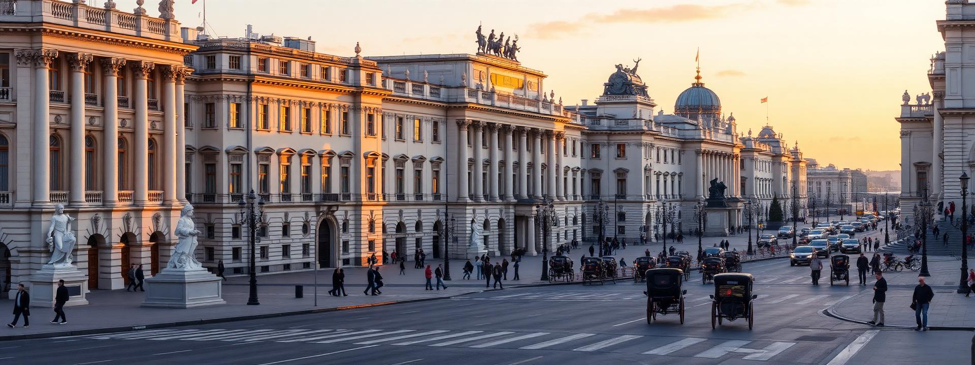 The Vienna Ringstrasse boulevard at golden hour with grand imperial buildings, the State Opera, the Parliament, classical statues and horse-drawn carriages