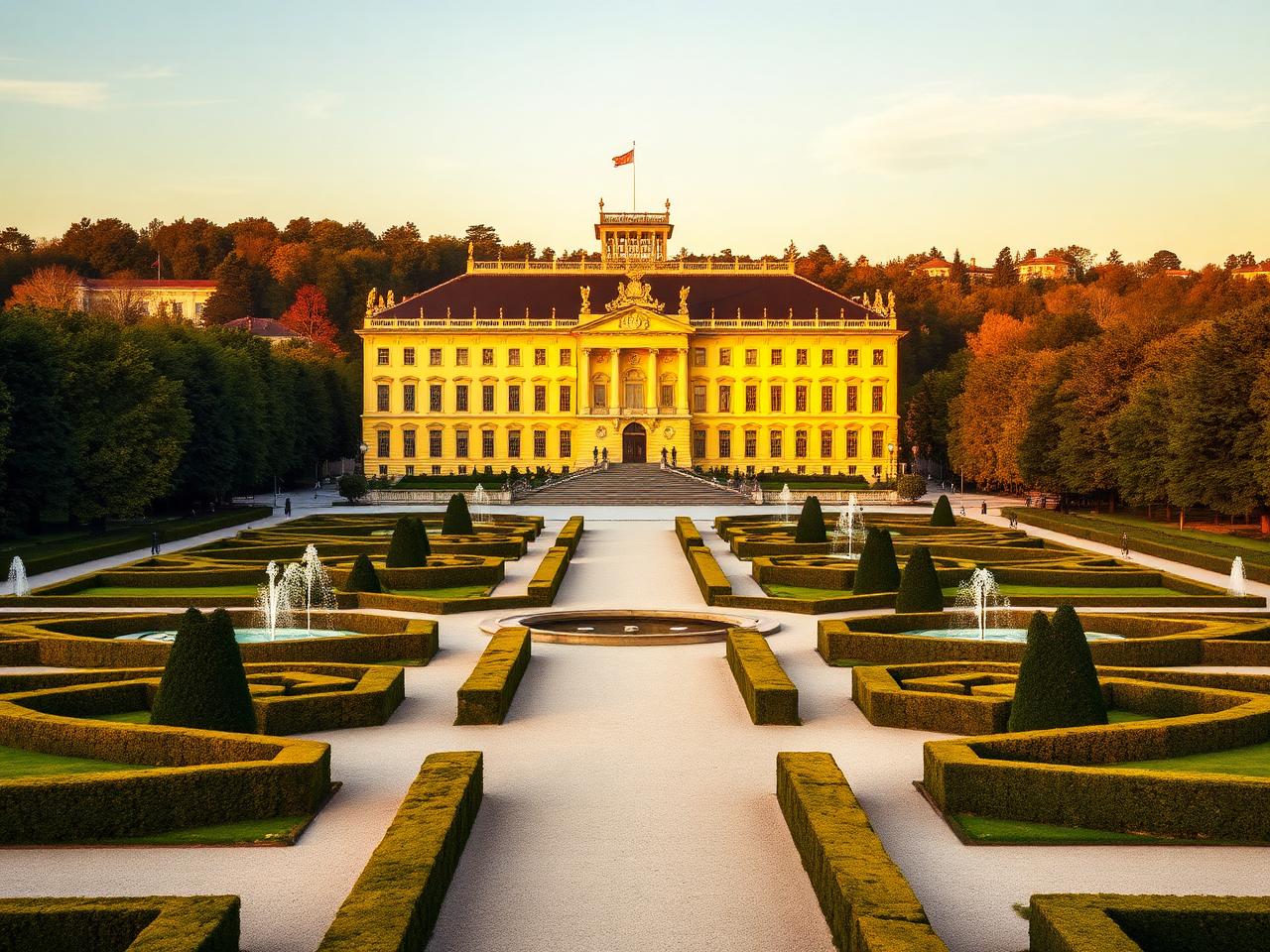 Schönbrunn Palace gardens in Vienna Austria at golden hour with the magnificent yellow imperial baroque palace facade, the geometric formal gardens with hedges and fountains and the Gloriette on the hill behind