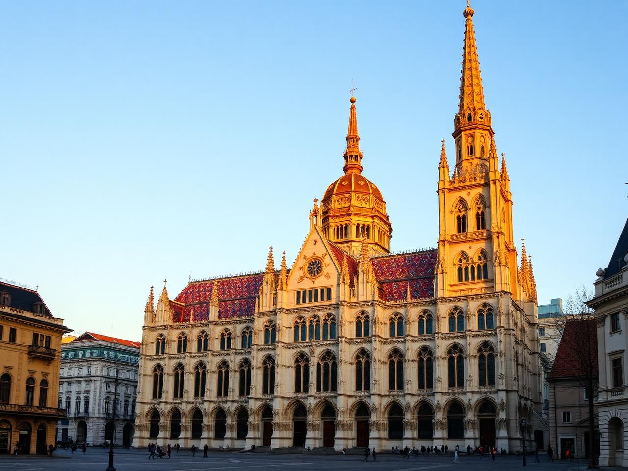 St. Stephen's Cathedral Stephansdom in Vienna Austria at golden hour with the soaring gothic spire, the colorful patterned tile roof, the ornate facade and Stephansplatz square in front