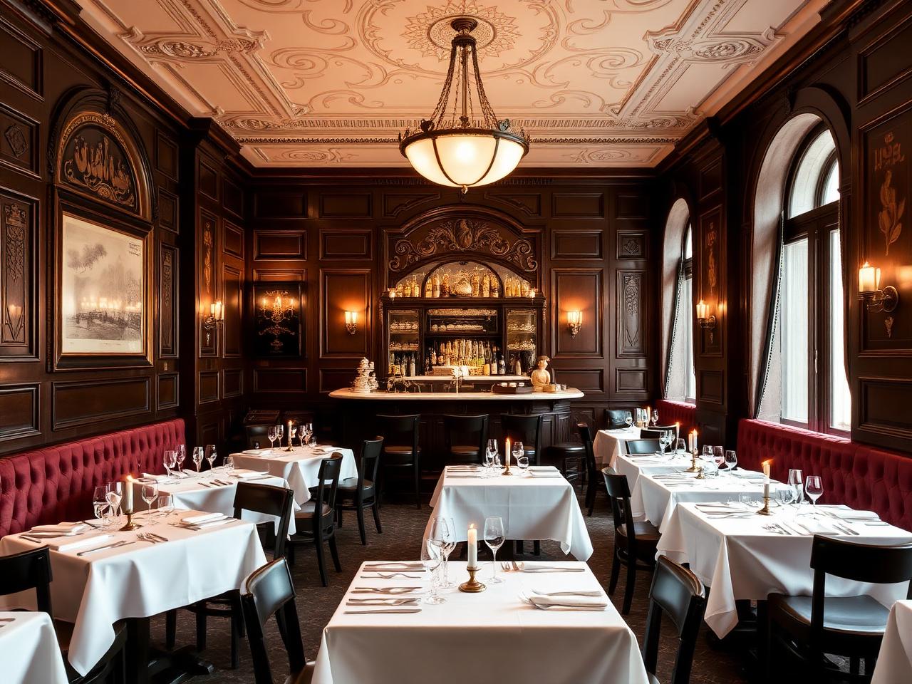 Zum Schwarzen Kameel Vienna refined historic Viennese fine dining restaurant interior with art nouveau Jugendstil details, marble bar, dark wood paneling, white tablecloths and candlelit tables