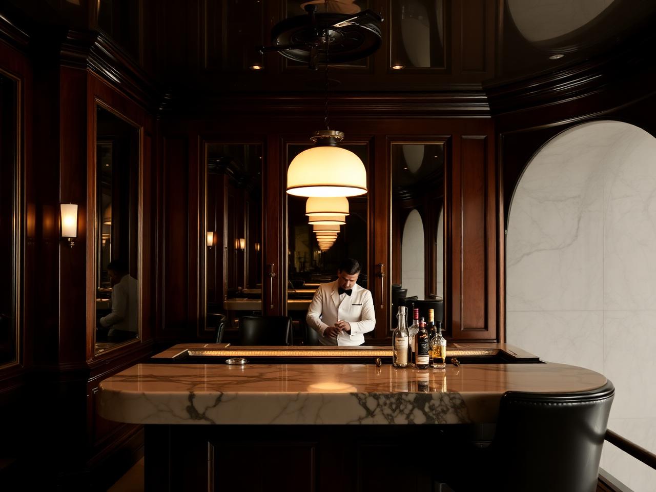 Loos American Bar Vienna refined intimate cocktail bar interior designed by Adolf Loos with dark mahogany paneling, mirrored walls reflecting infinity, marble bar counter and dim warm pendant lighting