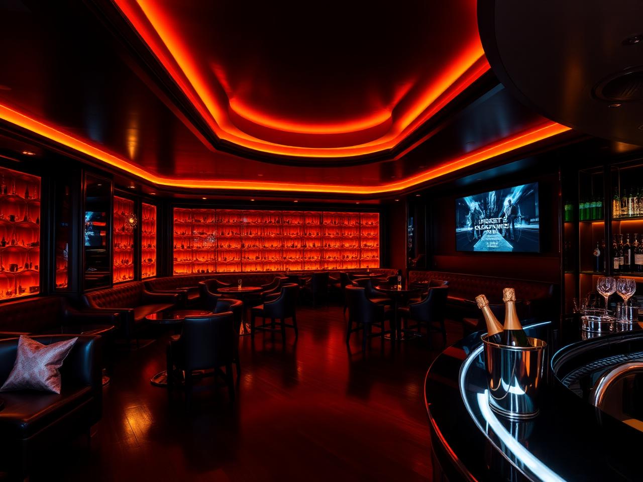 O der Klub Vienna refined upscale late night club interior with dramatic warm amber LED lighting, dark surfaces, leather banquettes, polished bar with champagne buckets and a dance floor