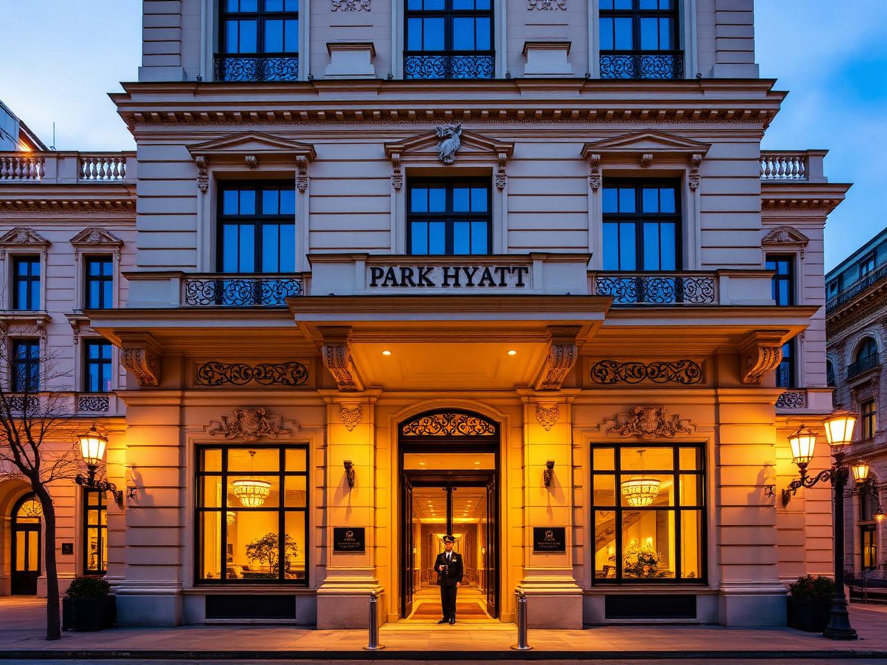 Park Hyatt Vienna refined grand luxury hotel facade at golden hour with historic imperial neoclassical bank building architecture and ornate facade details