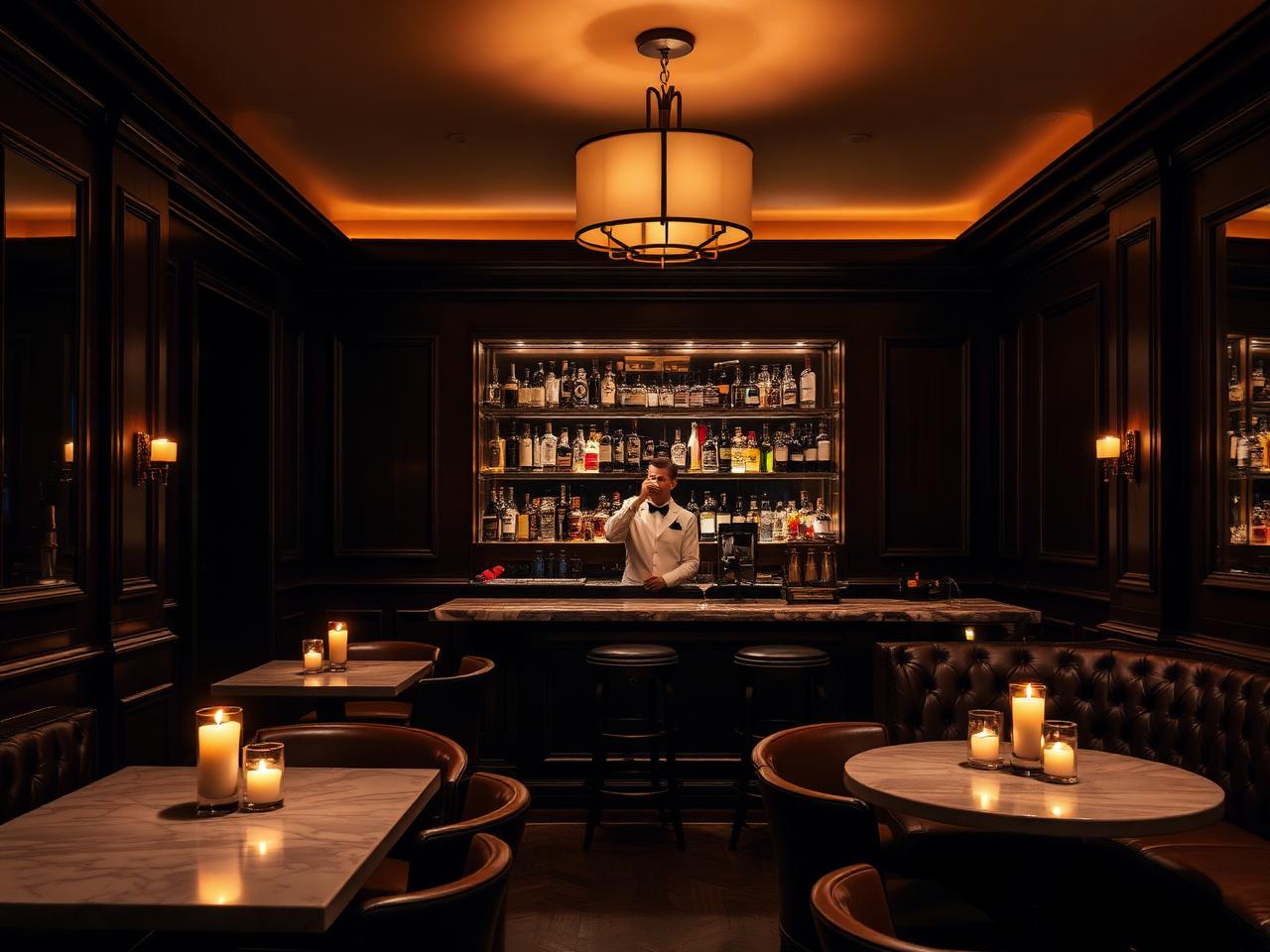 Roberto American Bar Vienna refined intimate cocktail bar interior with dark wood paneling, leather banquettes, marble bar counter, dim warm pendant lighting and a white-jacketed bartender