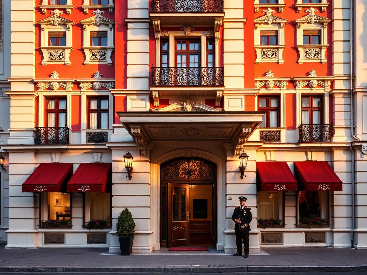Hotel Sacher Wien refined grand luxury hotel facade at golden hour with historic baroque red and white architecture opposite the Vienna State Opera and a uniformed doorman at the entrance