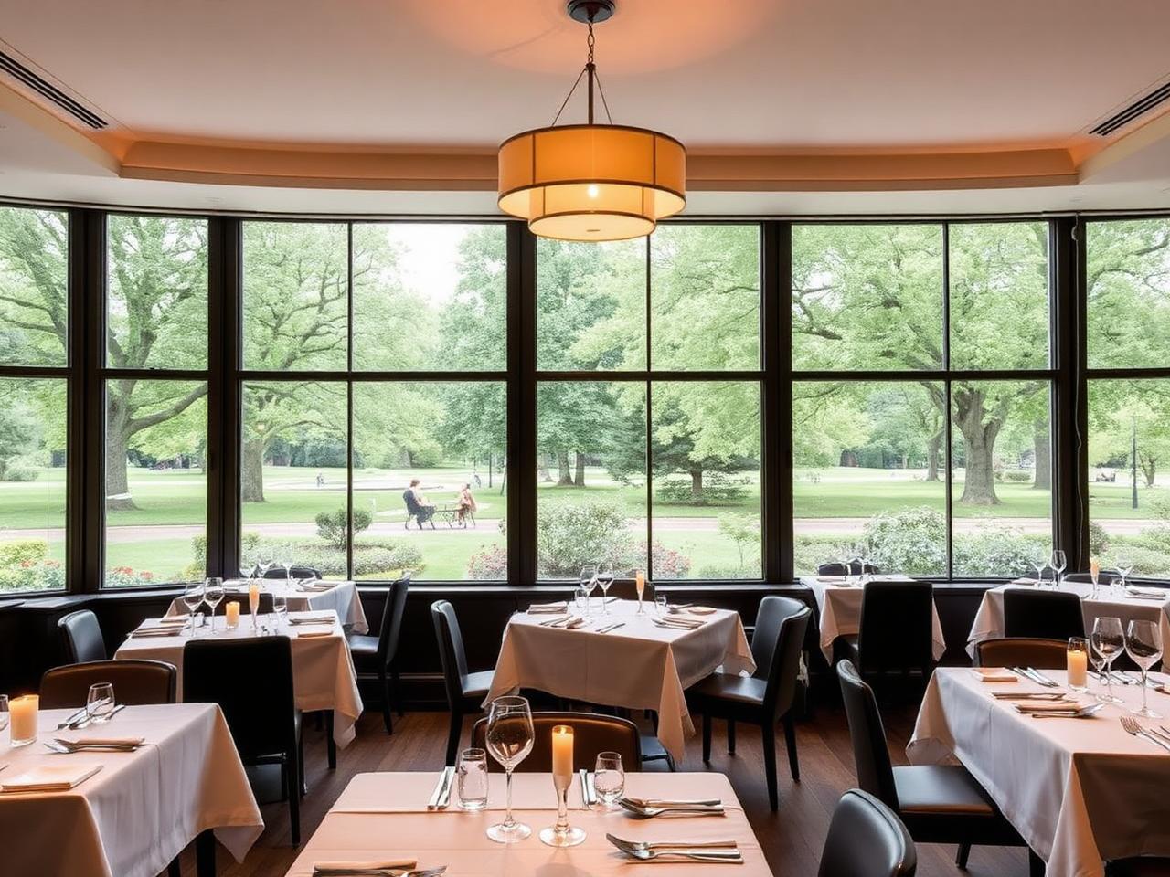 Steirereck Vienna refined three Michelin star fine dining restaurant interior in the Stadtpark with floor-to-ceiling windows opening to the green park, white tablecloths and candlelit tables
