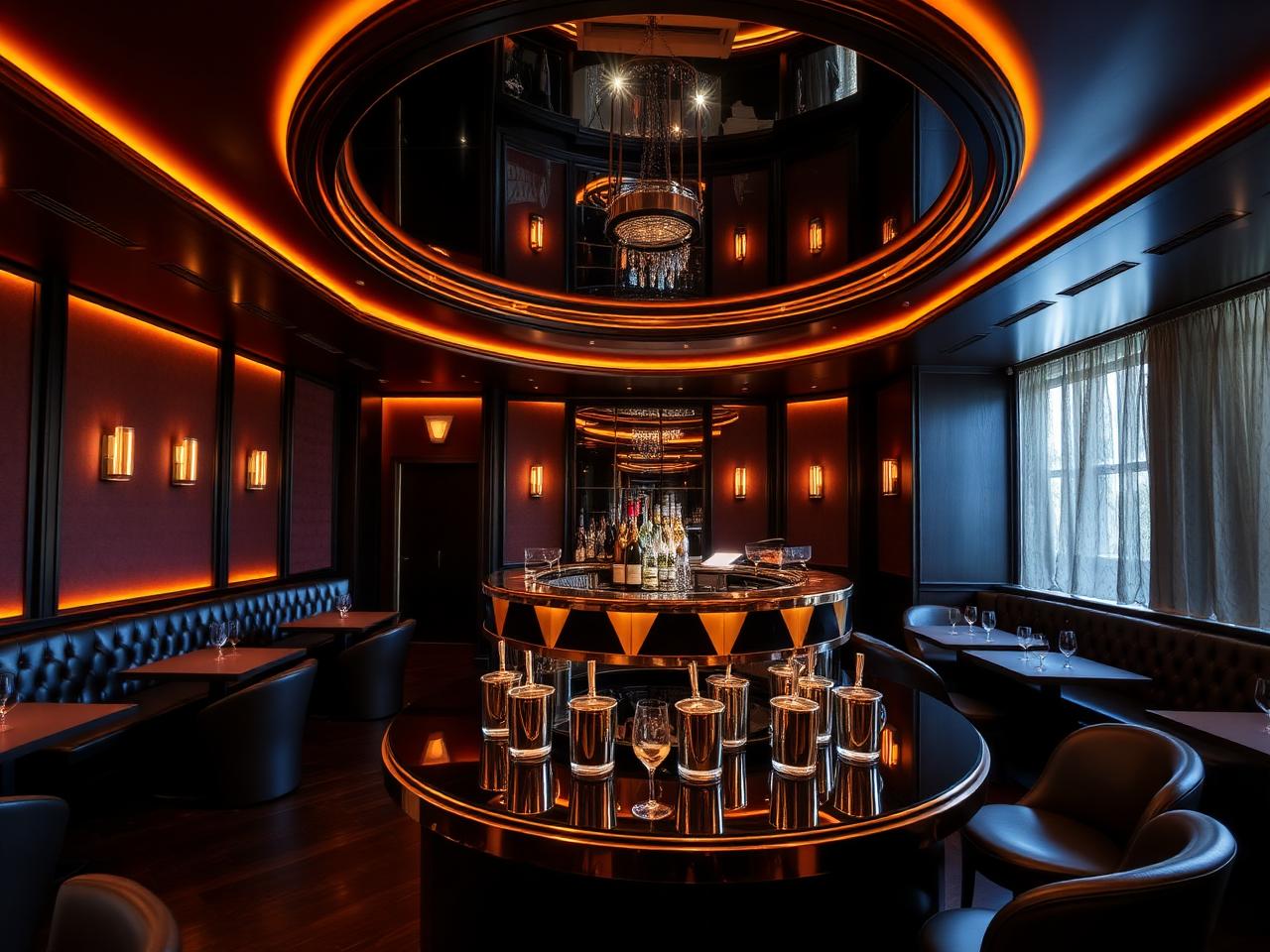 Volksgarten Vienna refined upscale nightclub interior with dramatic warm amber LED lighting, dark surfaces, leather banquettes, polished circular bar with champagne buckets and a dance floor with mirrored ceiling