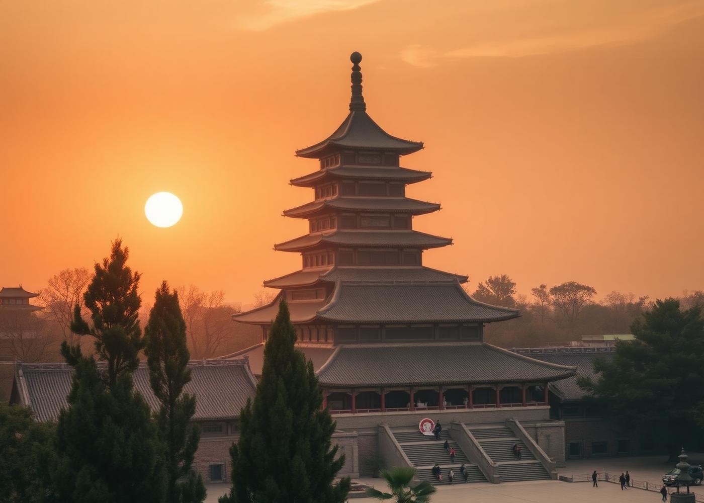 The Big Wild Goose Pagoda in Xi'an at golden hour with the seven-story Tang brick pagoda rising above Da Ci'en Temple courtyard
