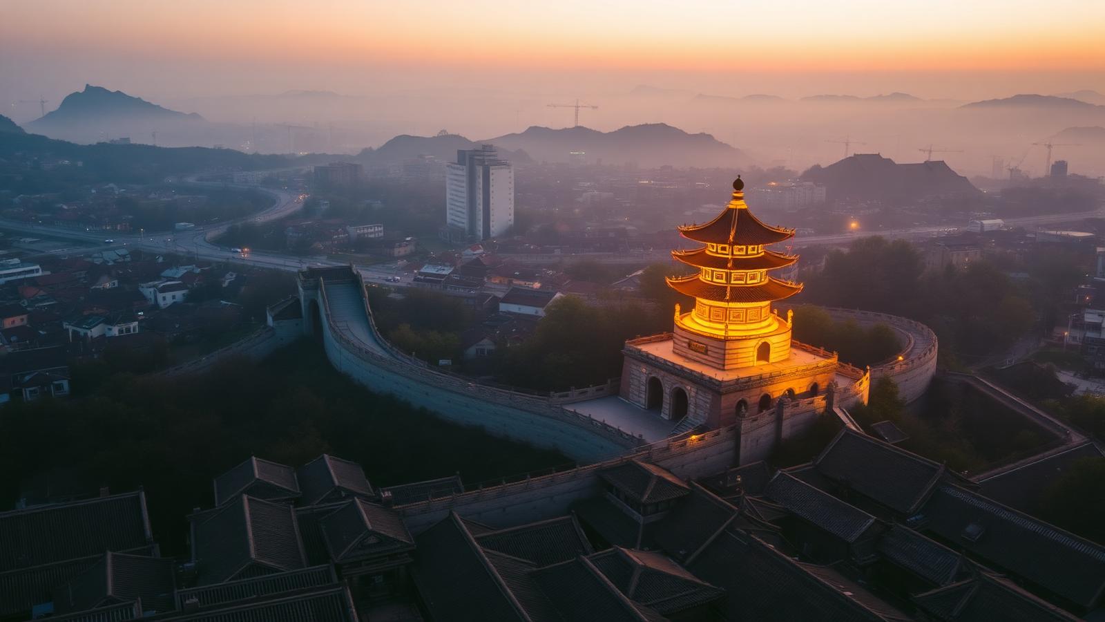 Aerial morning view of Xi'an old city with the Bell Tower at center and the ancient grey City Wall encircling tiled rooftops