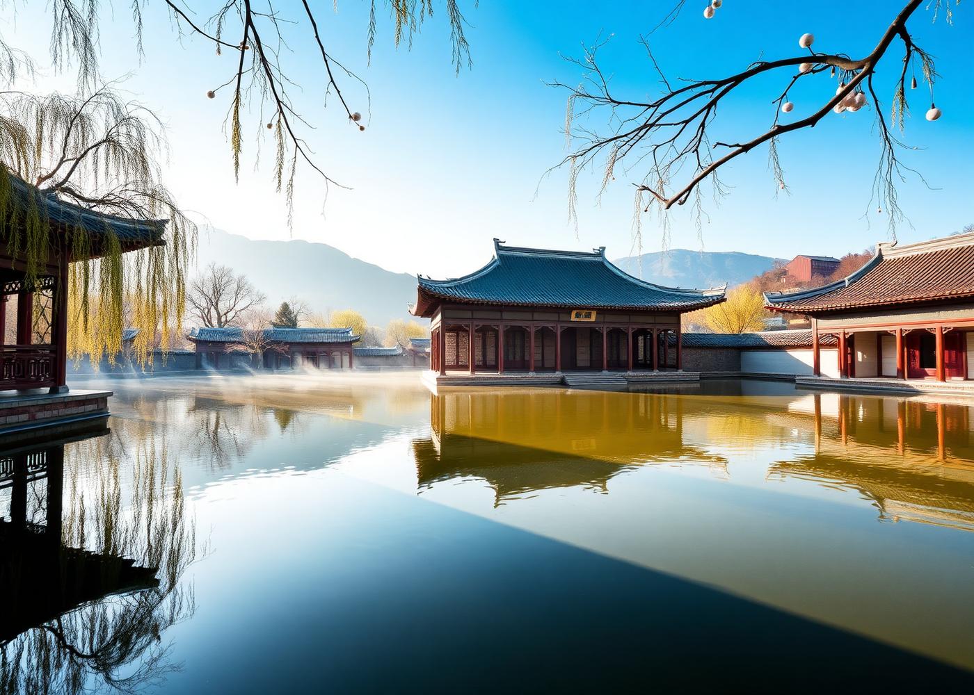 Huaqing Palace hot spring pools at the foot of Mount Li at morning with Tang pavilions reflected in still water and willow trees