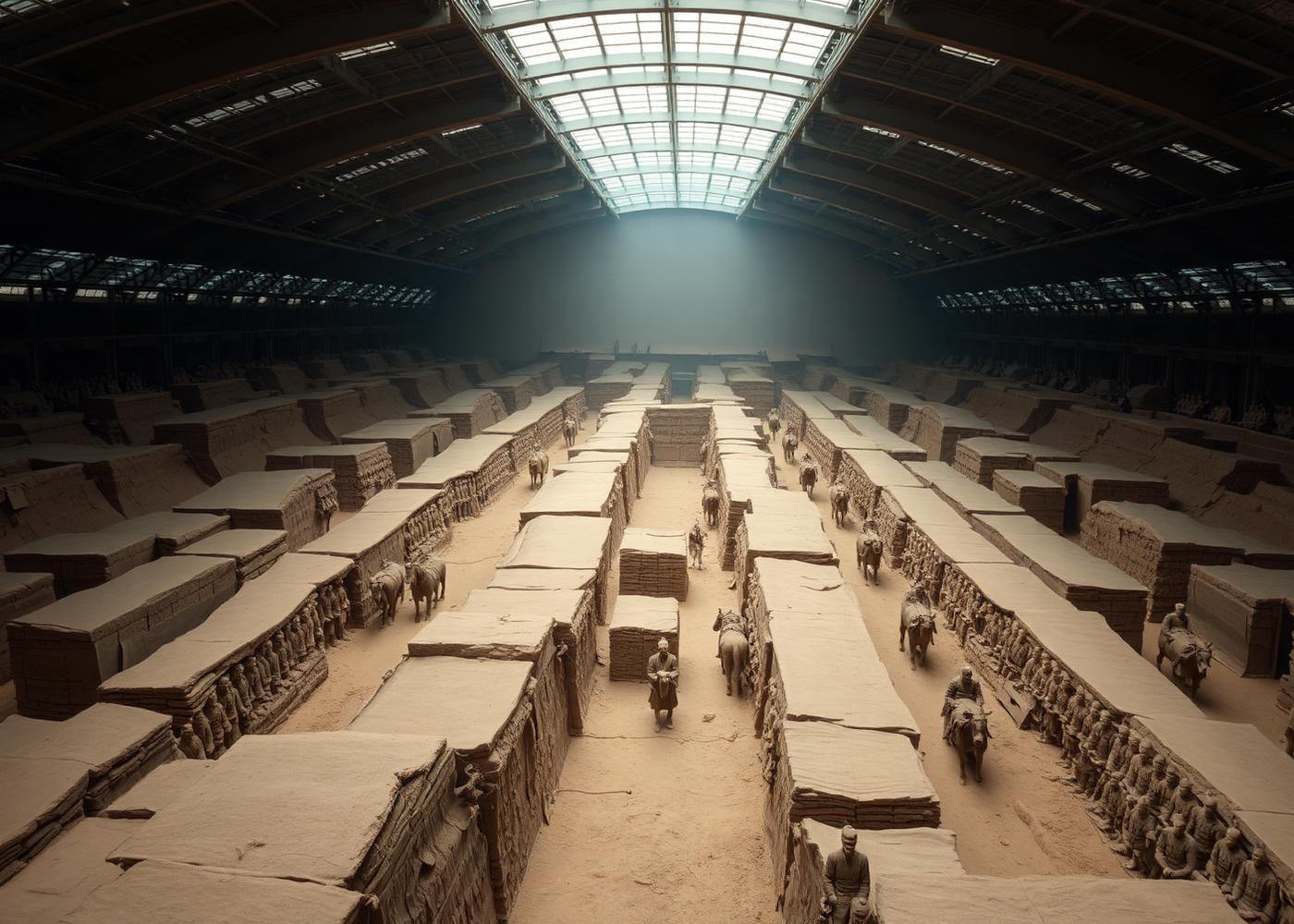 The Terracotta Army pit at Xi'an in soft museum light with rows of life-size warriors and horses in earthen tones
