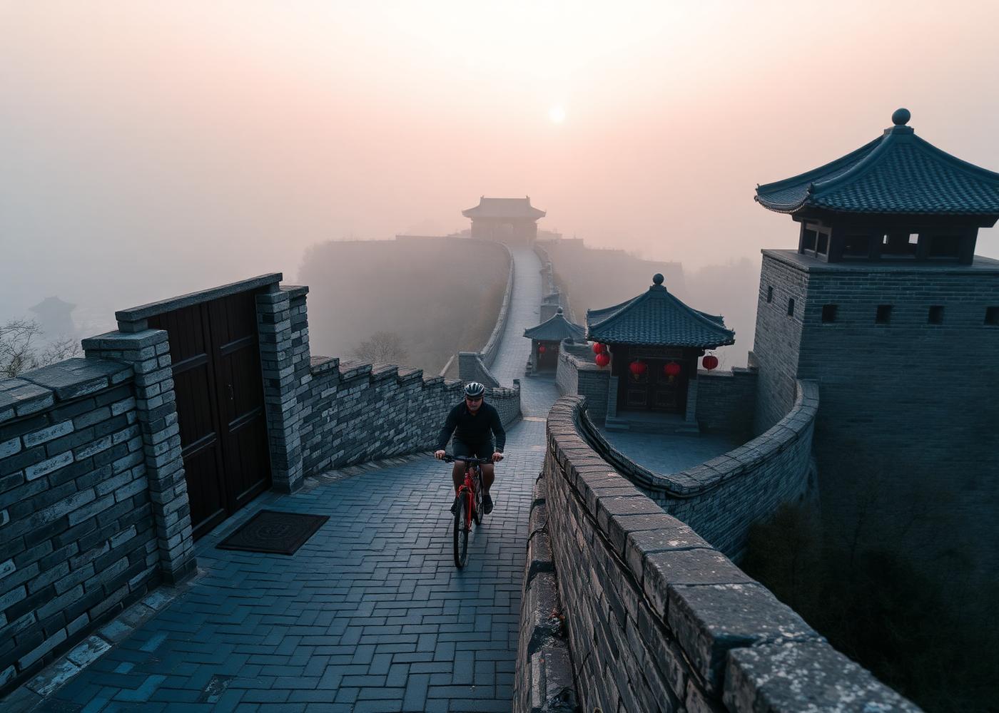 Cyclist on top of the Xi'an City Wall at first light with mist over weathered grey brick parapets and red lanterns on a wooden gate