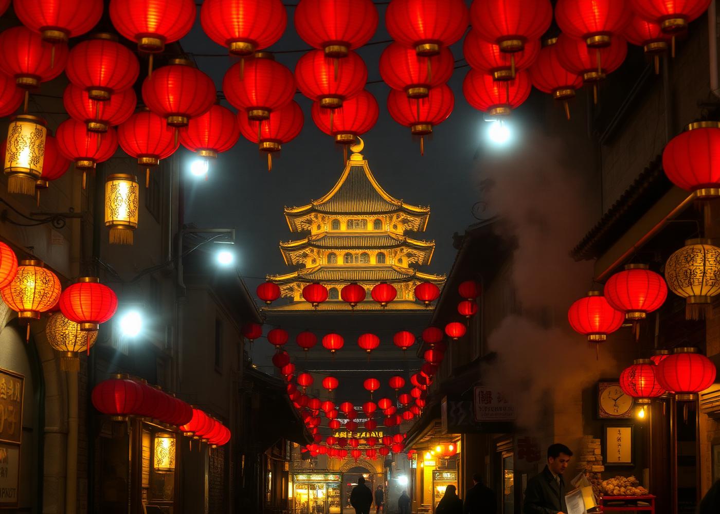 The Muslim Quarter Beiyuanmen night market in Xi'an with red and gold lanterns strung above a narrow stone lane and the Drum Tower in the distance