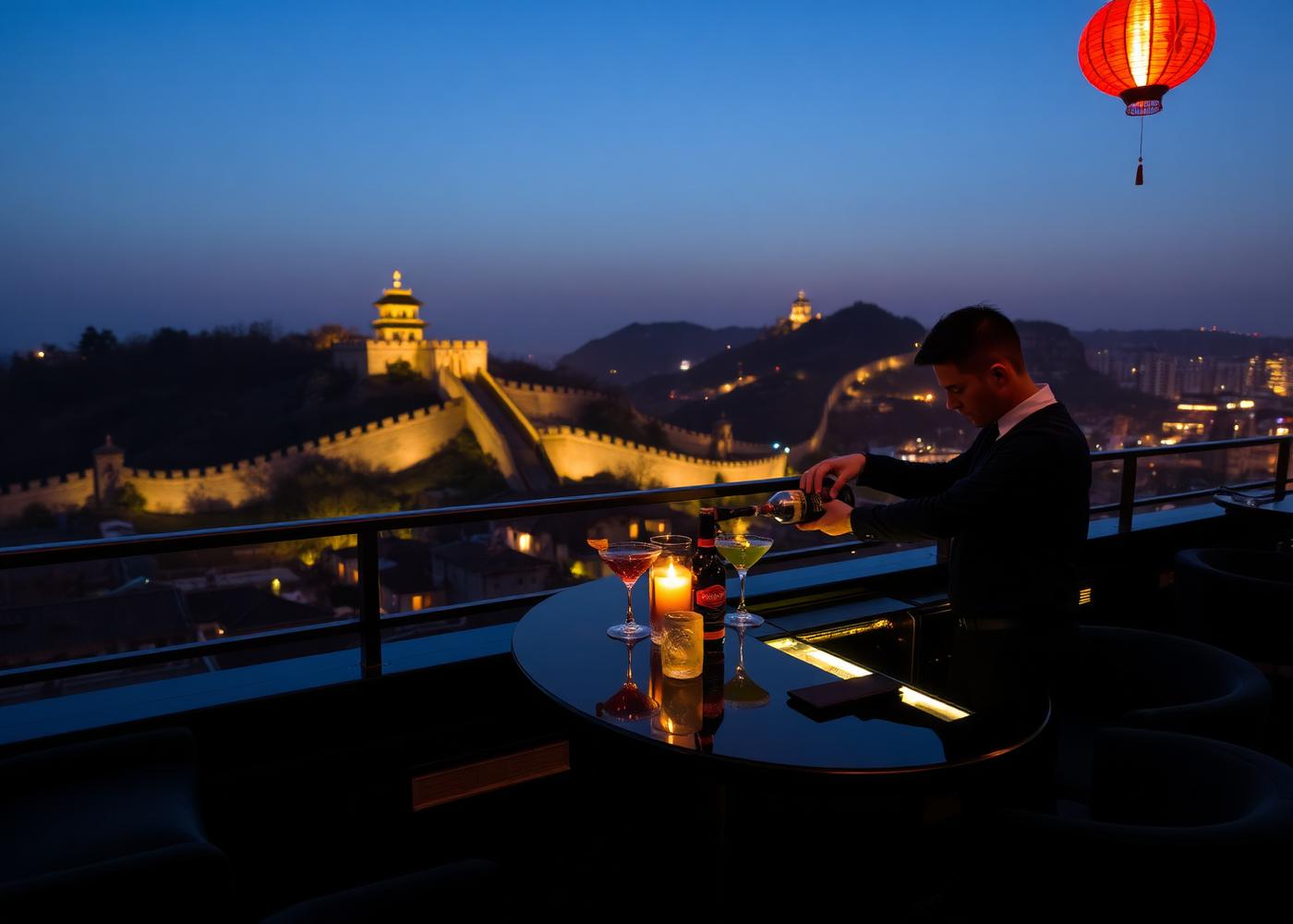 Elegant rooftop cocktail bar in Xi'an at dusk with the illuminated ancient grey City Wall and the Bell Tower lit gold in the distance