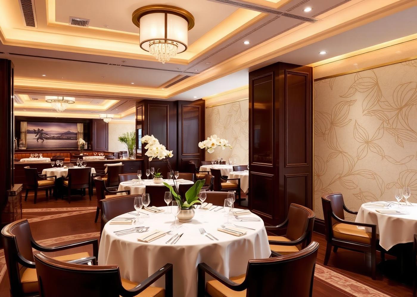 Elegant Cantonese fine dining room at the Shangri-La Xi'an with polished dark wood and a round table set with white linen and orchids