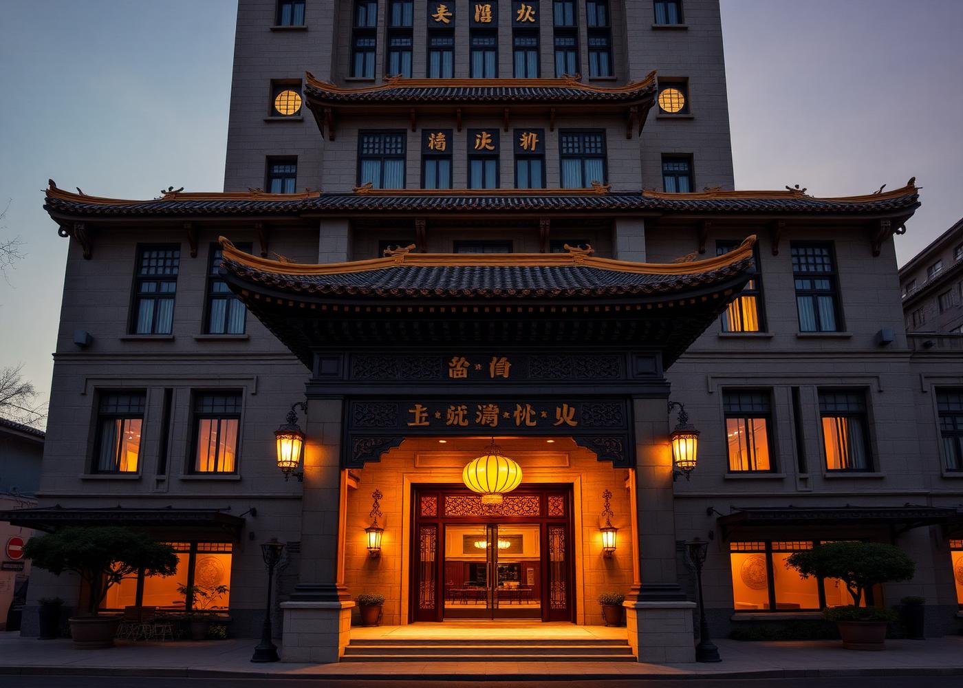 The Sofitel Legend People's Grand Hotel Xian heritage facade at dusk with mid-century classical Chinese architecture and warm lantern light