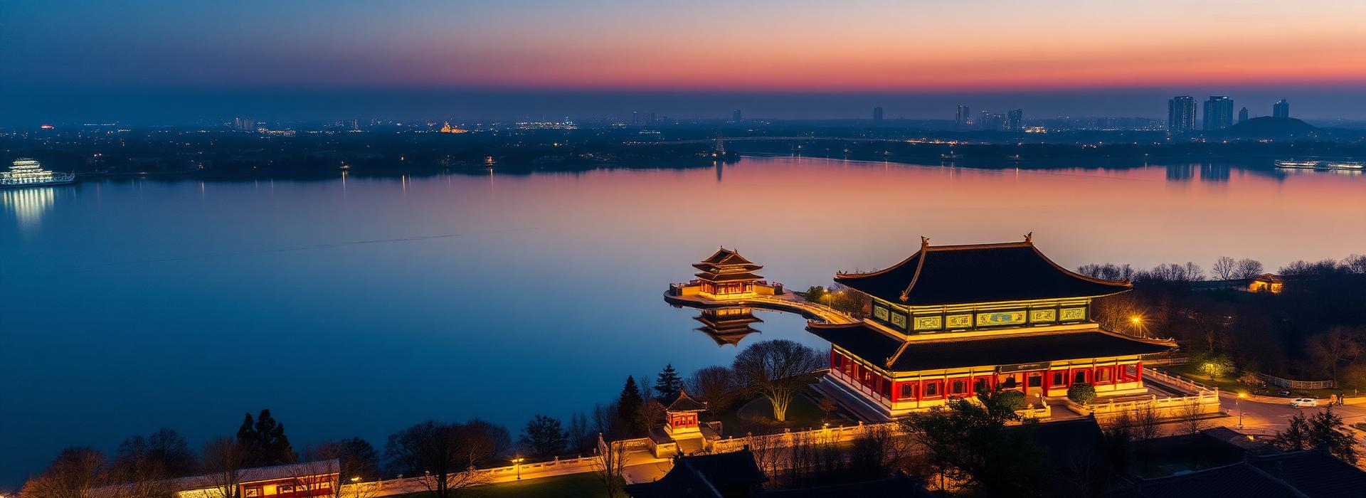 Aerial view of Tang Paradise Xi'an at dusk with illuminated Tang dynasty palace pavilions reflected in a vast lake