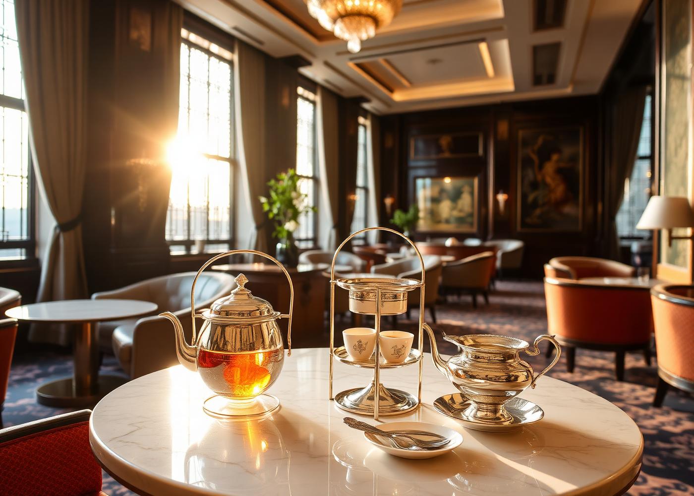 Heritage afternoon tea lounge inside the Sofitel Legend People's Grand Hotel Xian with chinoiserie touches and polished silver tea service