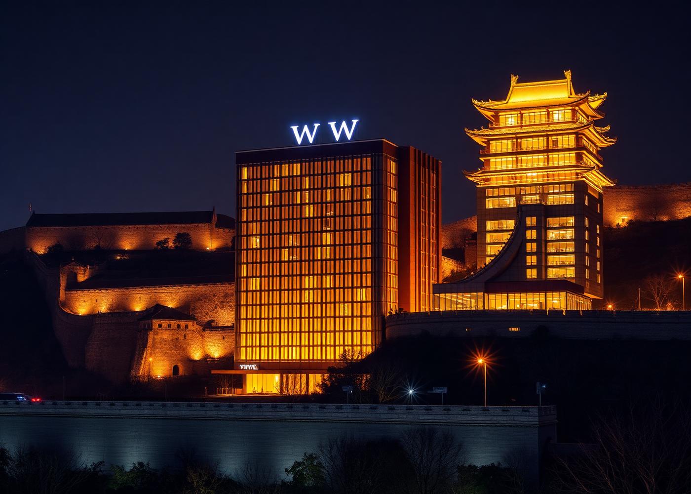 The W Xi'an hotel modern luxury facade at night beside the ancient illuminated grey City Wall