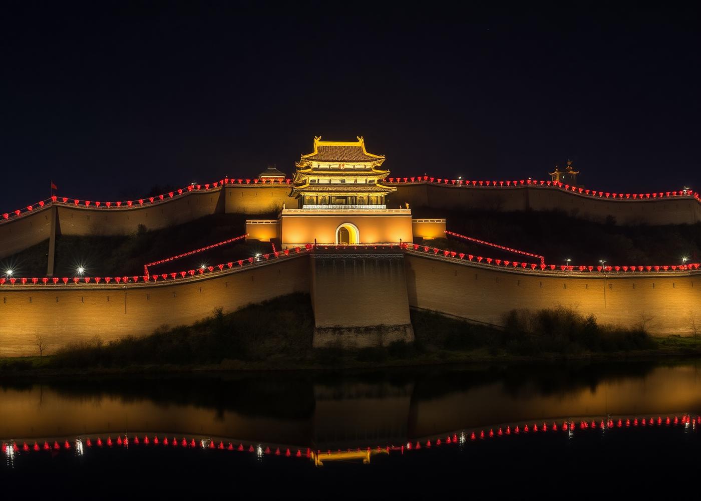 The Xi'an City Wall at night fully illuminated with red lanterns along the parapets and the South Gate tower glowing gold above the moat