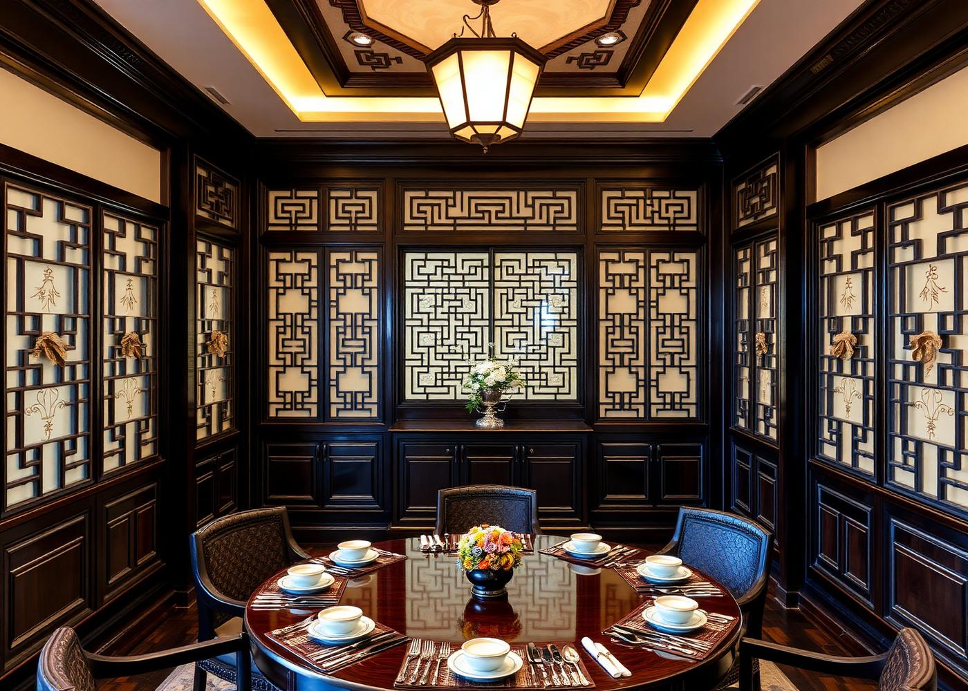 Refined Shaanxi fine dining room in Xi'an with dark lacquered wood and carved screens and a single round table with celadon porcelain
