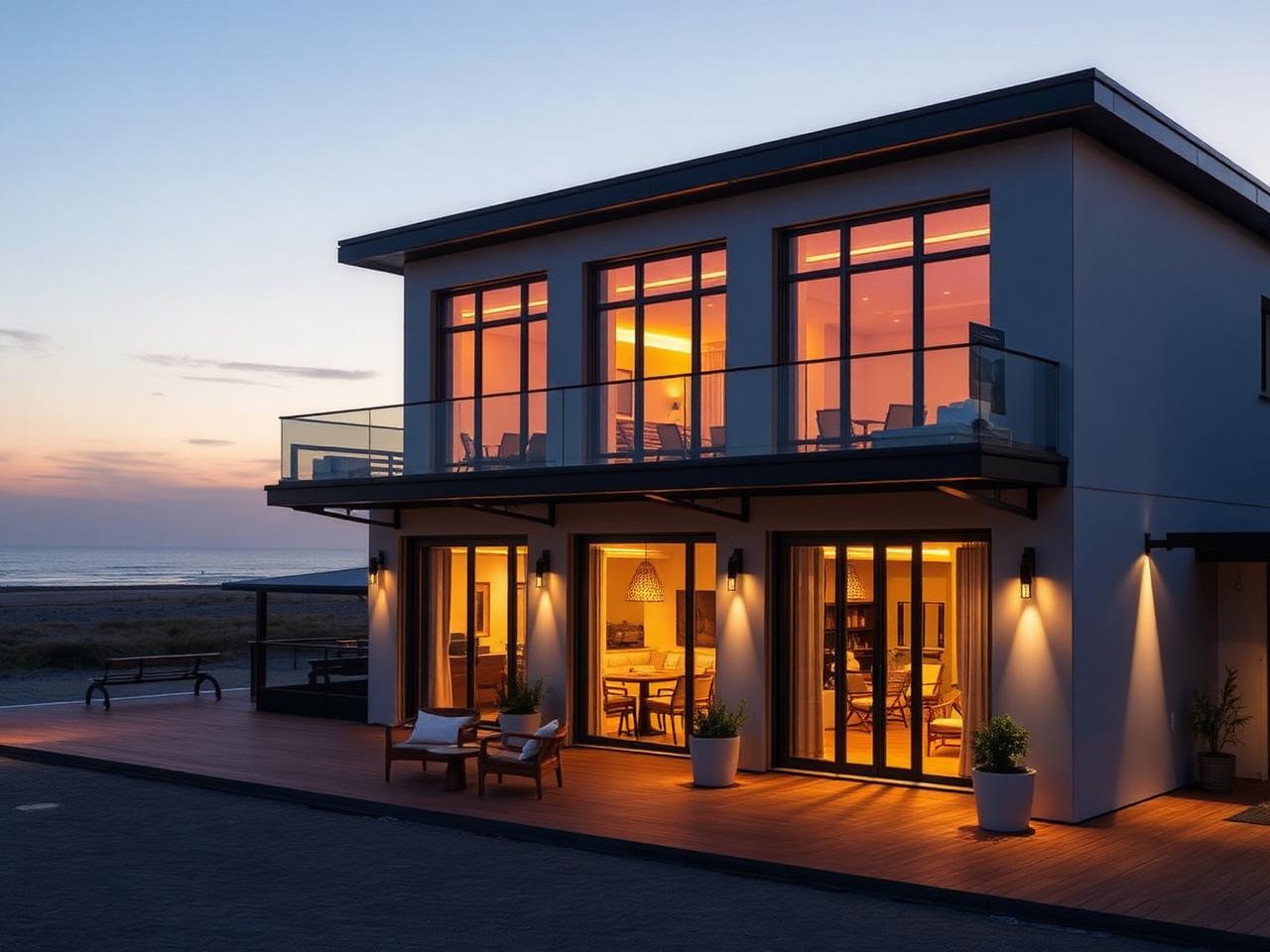 Beachhouse Hotel Zandvoort modern beachfront hotel exterior at dusk with glowing windows and the North Sea horizon