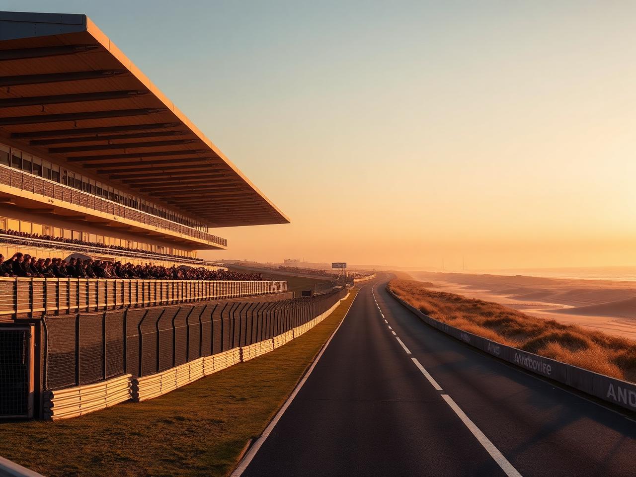 Circuit Zandvoort viewed from the dunes in soft afternoon light with the iconic banked corner and grandstand against the North Sea sky