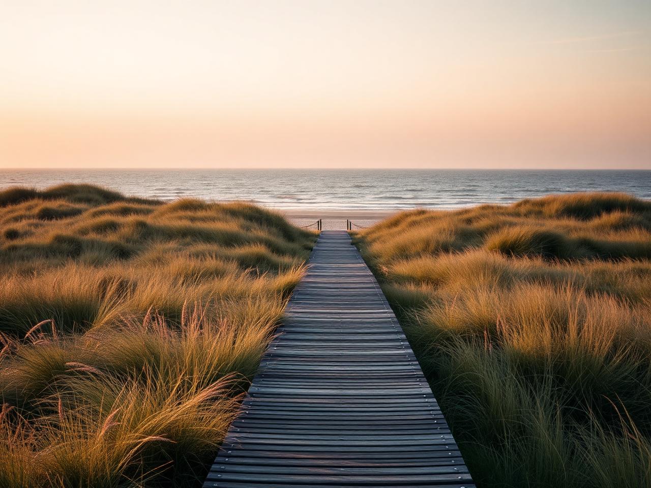 Zandvoort dune landscape with sand paths, tall dune grass and the North Sea visible in the distance under soft afternoon light