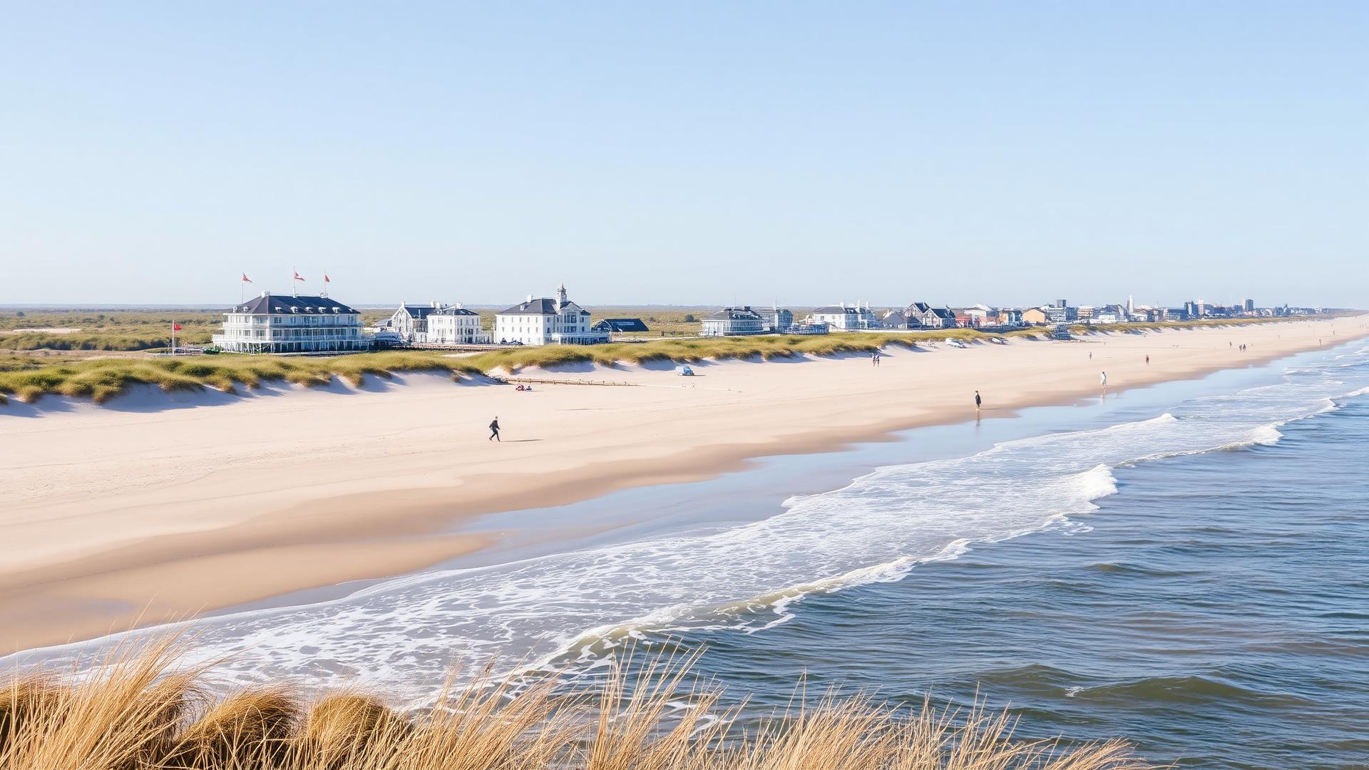 Panoramic view of Zandvoort beach and dunes at first light with the long North Sea horizon